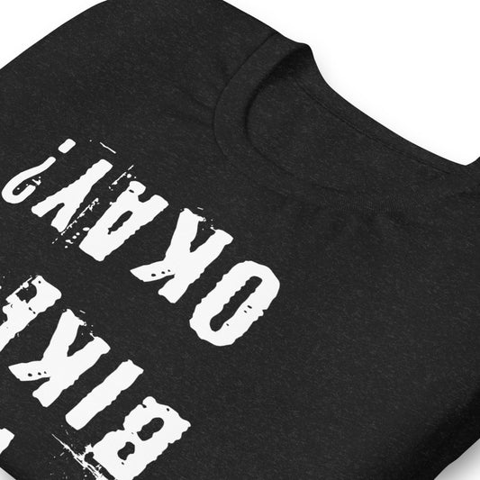 InkBird Print Studio Is My Bike Okay? T-shirt, soft cotton, black, flat lay of collar and chest with distressed white lettering detail.