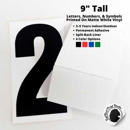 a black number 2 printed on matte white vinyl, next to another decal seen from the back, showing the split back liner. 

Printed text is 9 inches tall, letters numbers and symbols printed on matte white vinyl that is 10" tall (1/2" on all sides between the printed text and the edge of the decal)

3–5 Years Indoor/Outdoor
Permanent Adhesive
Split-Back Liner
4 Color Options (black, red, blue, green)

The InkBird Print Studio logo is shown on the bottom right as a peeling sticker image.