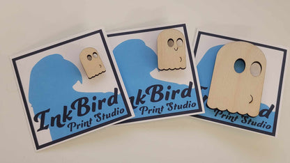 Set of three nude ghost pins in small, medium, and large, birch wood laser cut, displayed on InkBird Print Studio branded cards.