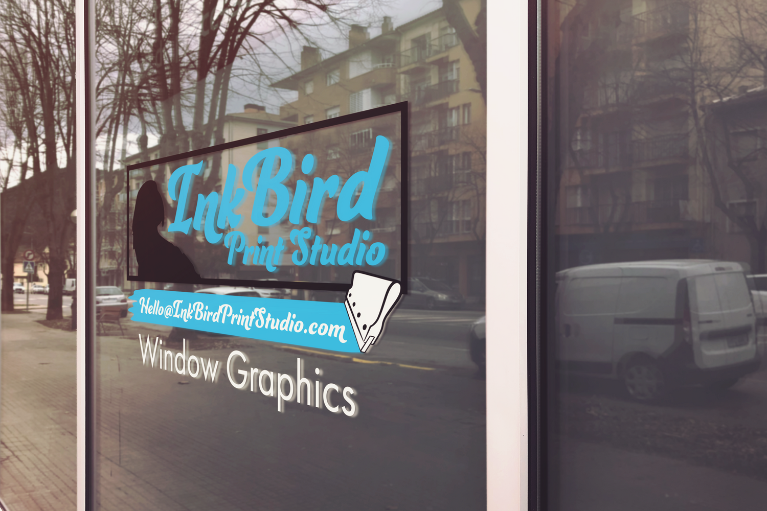 Blue and white vinyl shop window decal featuring the InkBird Print Studio logo, paper airplane graphic, and website in bold font.