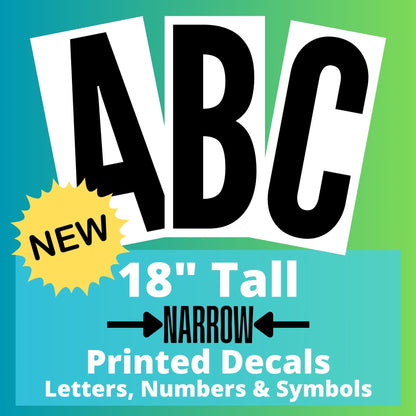 InkBird Print Studio 18 vinyl letter & number decals, bold ABC, NEW starburst, permanent adhesive, green-blue gradient background.