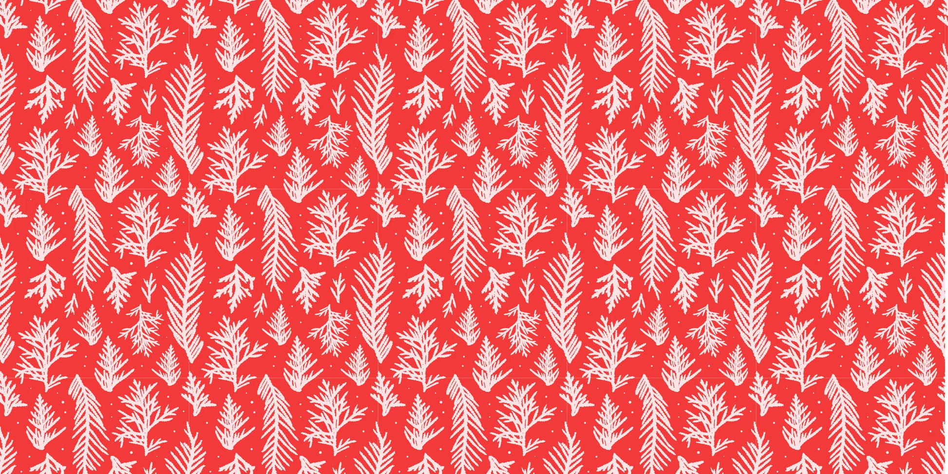 Festive vinyl gift wrap, InkBird Print Studio, red with white pine and fir branches; seamless holiday design for custom wrapping.