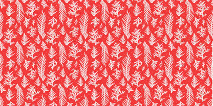 Festive vinyl gift wrap, InkBird Print Studio, red with white pine and fir branches; seamless holiday design for custom wrapping.
