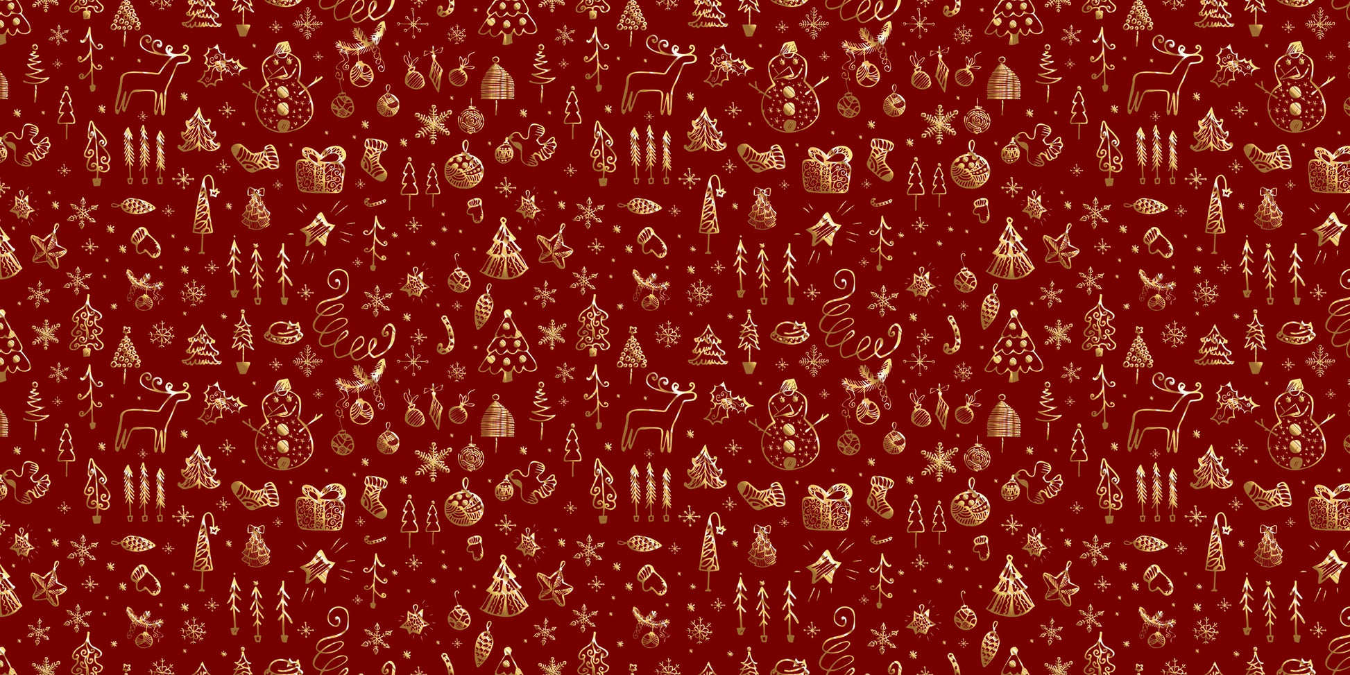 Red vinyl Christmas wrapping paper by InkBird Print Studio with gold snowmen, reindeer, trees; seamless festive pattern, gift size.